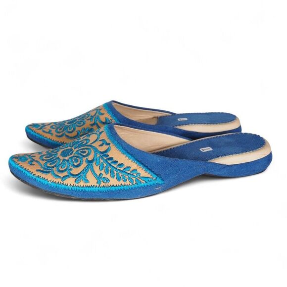Moroccan Leather Embroidered Babouche Leather Slippers Blue / Tan Women's 7 - Picture 2 of 10